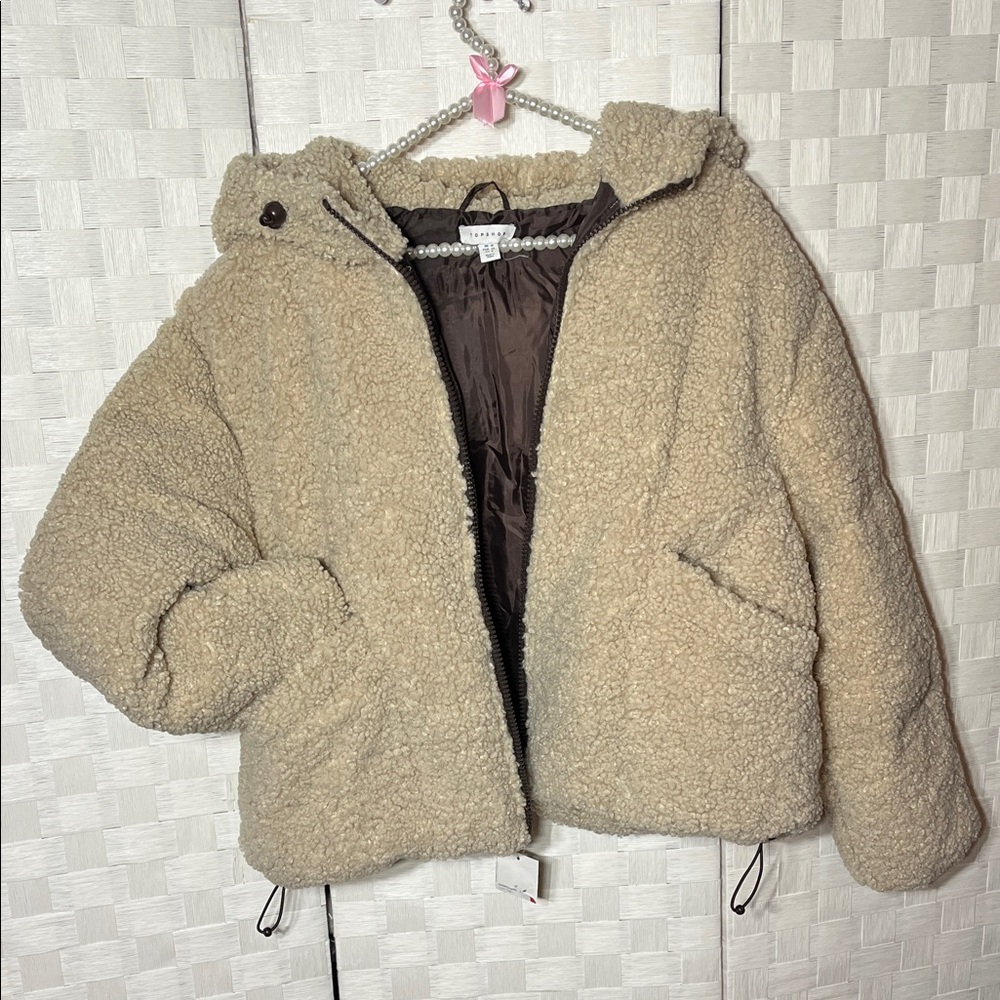 Topshop Faux Teddy Sherpa Hooded Jacket Coat Size 8 40